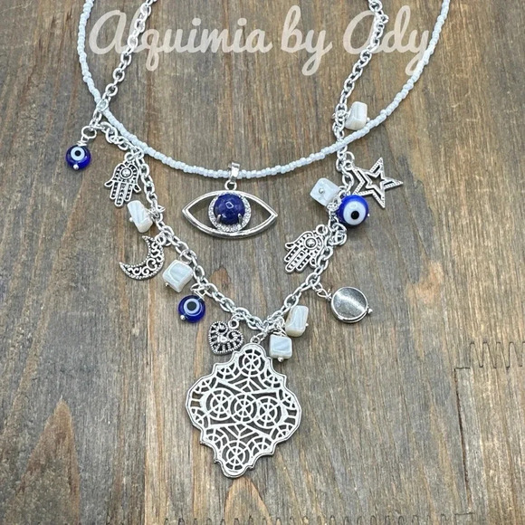 Lapis Lazuli mother of pearl layered charms boho beaded necklace - Picture 4 of 10